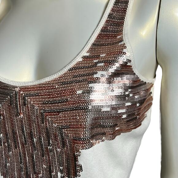 Express White Ribbed Tank Top Silver Sequin Cascade Detail Scoop Neck Size L - Picture 10 of 10
